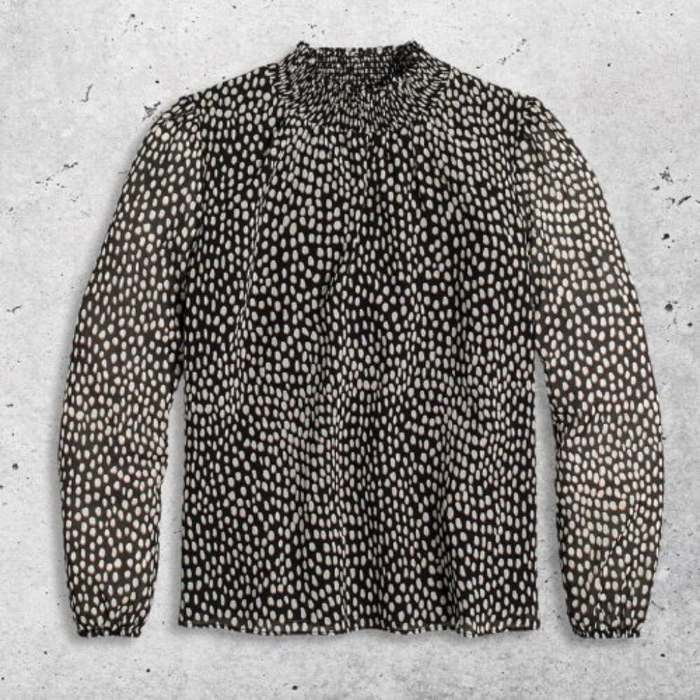 J.Crew Smocked Neck Top Oncilla Cat Print Elastic Cuffs Black & White Women's XS